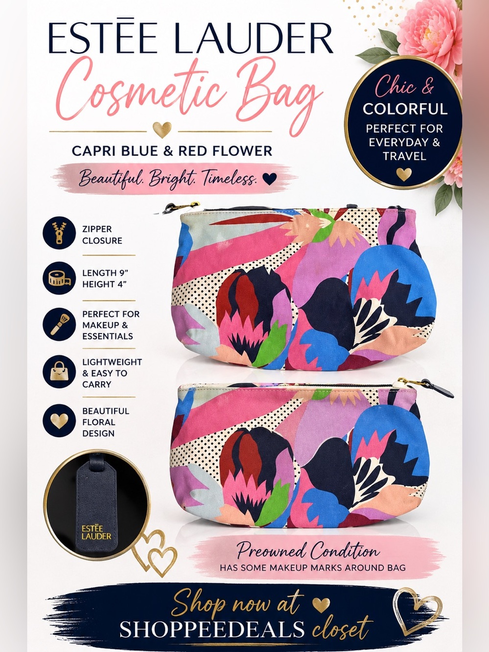 Estée Lauder Capri Blue & Red Floral Cosmetic Makeup Bag Travel Pouch
